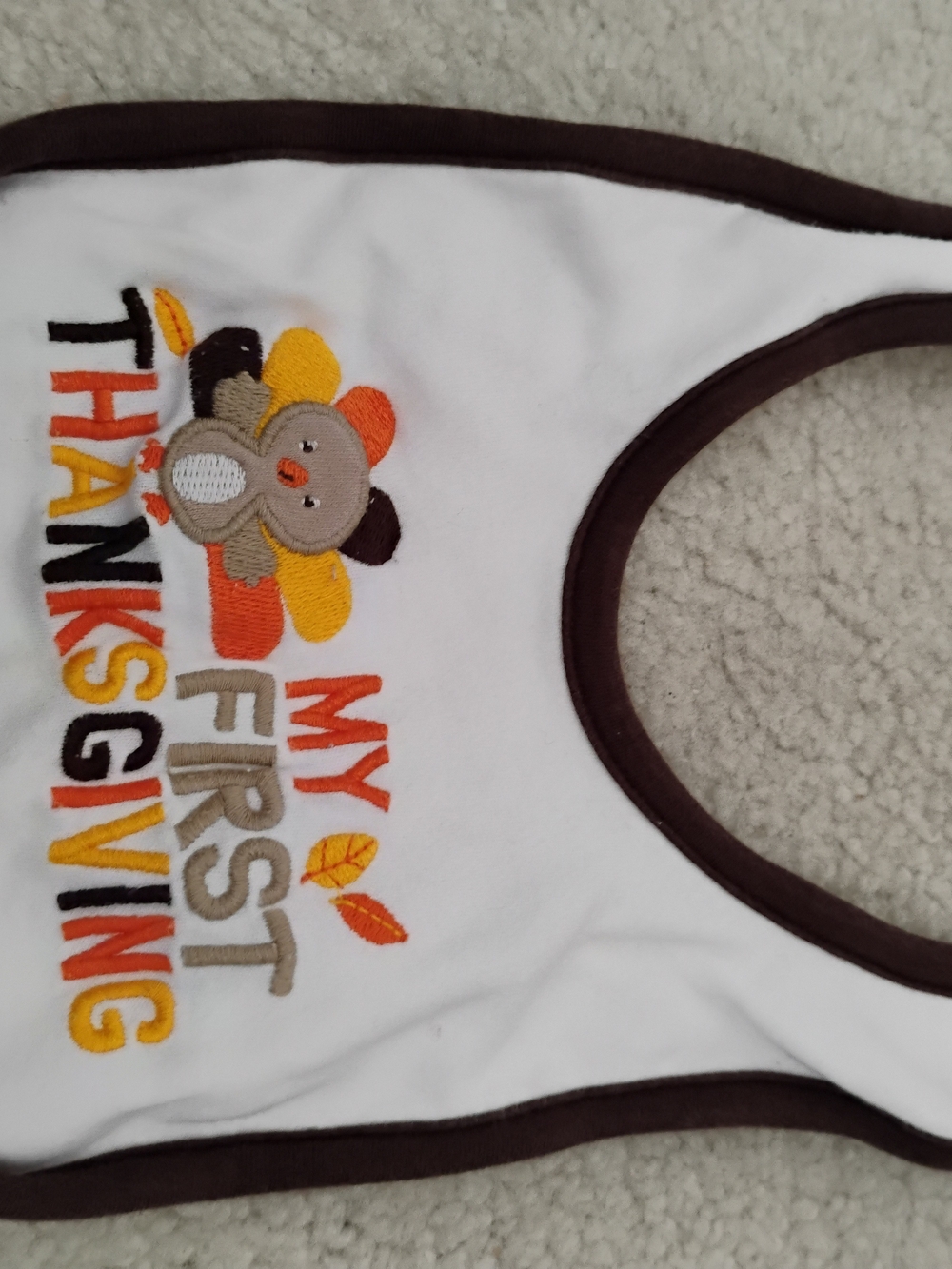 Carter's White Bib with Brown Trim and Thanksgiving Embroidery
